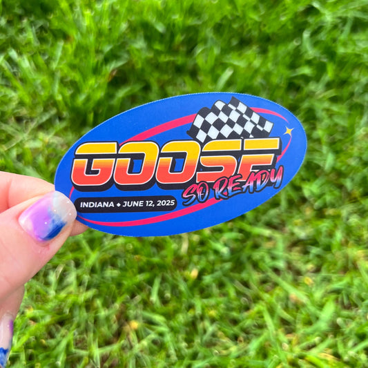 Goose So Ready Blue Yellow Red Black White Checkered Racing Flag Indiana June 12, 2025 Vinyl Sticker Slap Matte Finish 1.8" x 3.2"