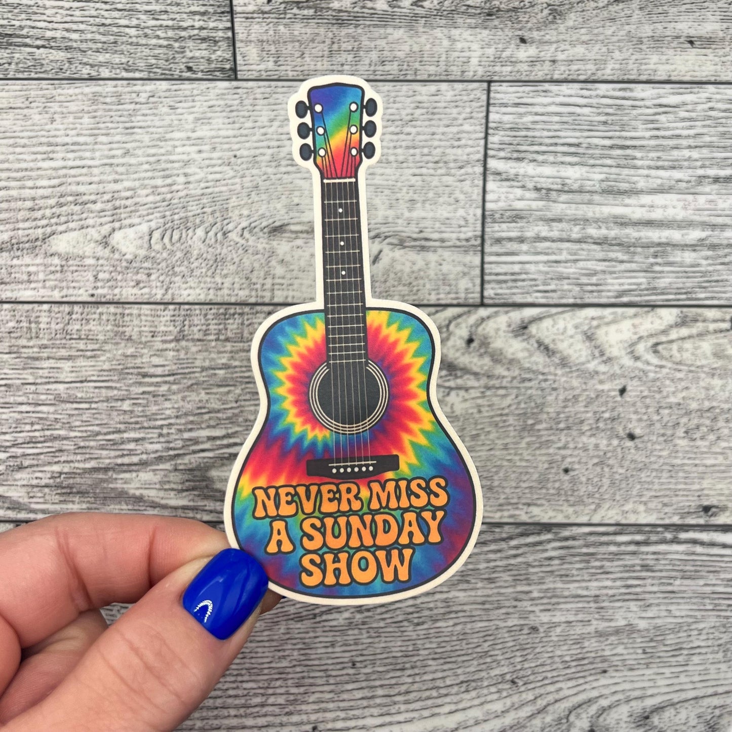 Never Miss a Sunday Show Rainbow Tie Dye Guitar Retro Music Vinyl Sticker Slap 4" x 2" Matte Finish