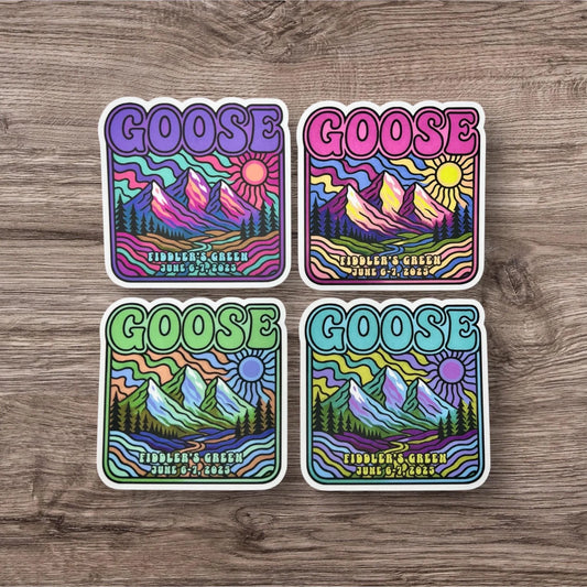 Goose Colorado Psychedelic Mountains Sunshine Fiddler’s Green Summer Tour June 6-7, 2025 Vinyl Sticker Slap 3" x 3" Matte Finish 4 COLORS