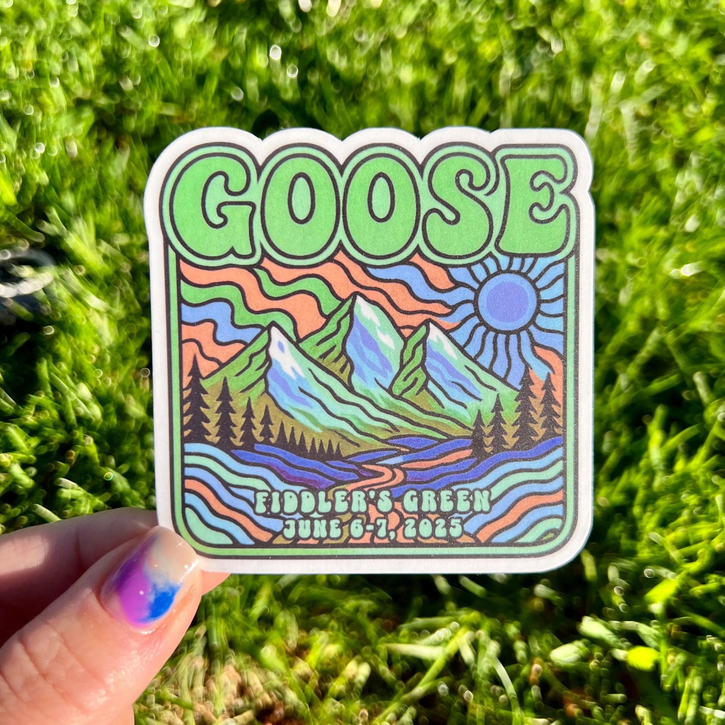 Goose Colorado Psychedelic Mountains Sunshine Fiddler’s Green Summer Tour June 6-7, 2025 Vinyl Sticker Slap 3" x 3" Matte Finish 4 COLORS