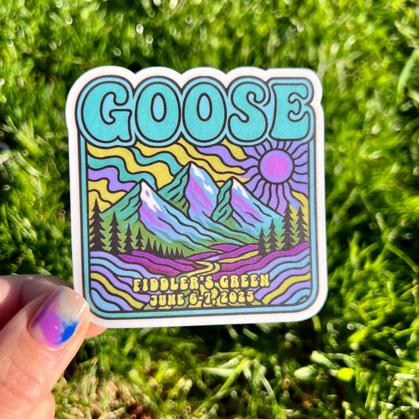Goose Colorado Psychedelic Mountains Sunshine Fiddler’s Green Summer Tour June 6-7, 2025 Vinyl Sticker Slap 3" x 3" Matte Finish 4 COLORS