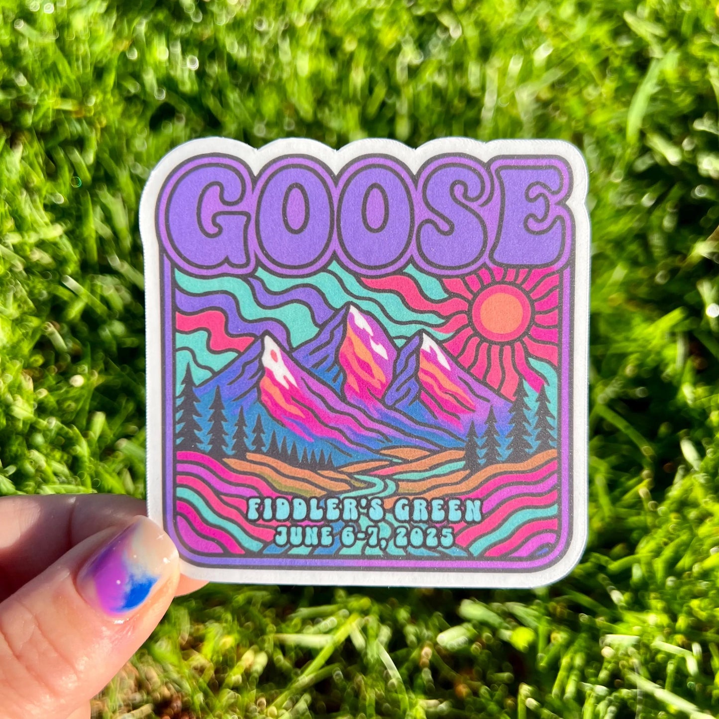 Goose Colorado Psychedelic Mountains Sunshine Fiddler’s Green Summer Tour June 6-7, 2025 Vinyl Sticker Slap 3" x 3" Matte Finish 4 COLORS