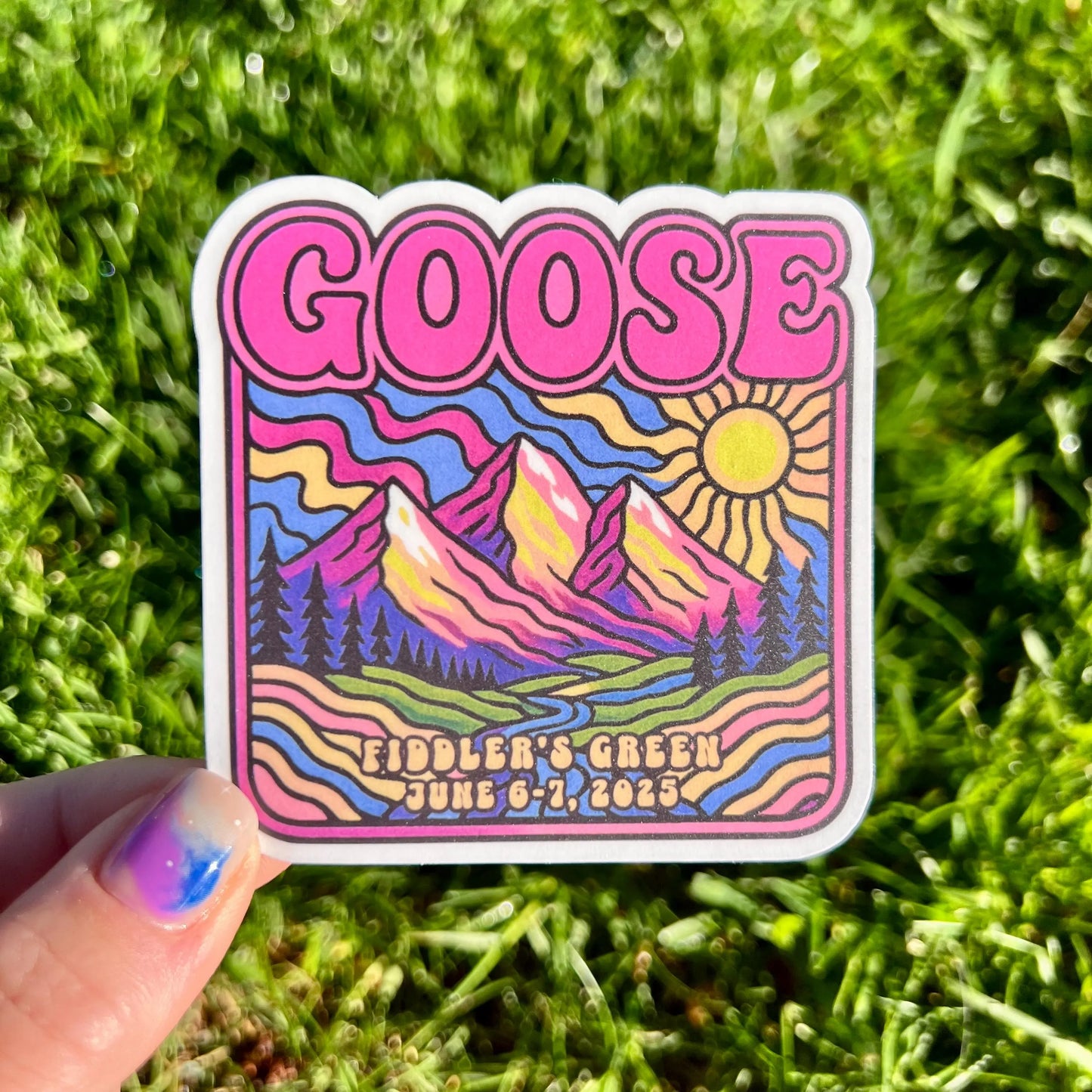 Goose Colorado Psychedelic Mountains Sunshine Fiddler’s Green Summer Tour June 6-7, 2025 Vinyl Sticker Slap 3" x 3" Matte Finish 4 COLORS