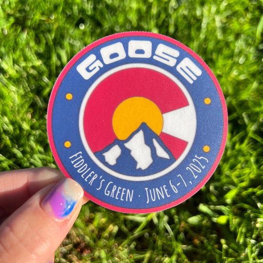 Goose Blue Mountains Red Yellow Colorado Fiddler’s Green Summer Tour June 6-7, 2025 Vinyl Sticker Slap 3" x 3" Matte Finish