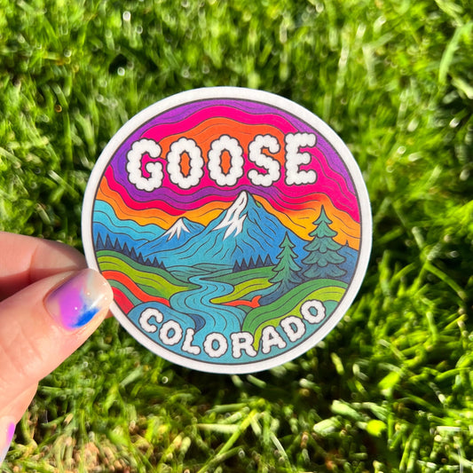 Goose Blue Mountains Purple Red Orange Sky Clouds Colorado Summer Tour Vinyl Sticker Slap 3" x 3" Matte Finish