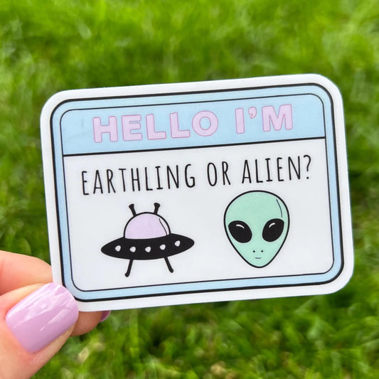Goose Hello I'm Name Tag Earthling or Alien? Pastel Pink Blue Green Vinyl Sticker Slap Matte Finish 2.2" x 3"