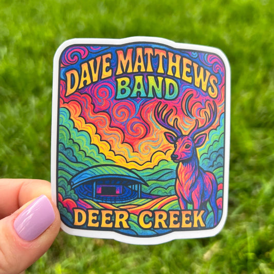 Deer Creek Noblesville Indiana Psychedelic Deer Stage Blue Purple Green Pink Yellow Sunset Vinyl Sticker Slap 3" x 2.8” Matte Finish
