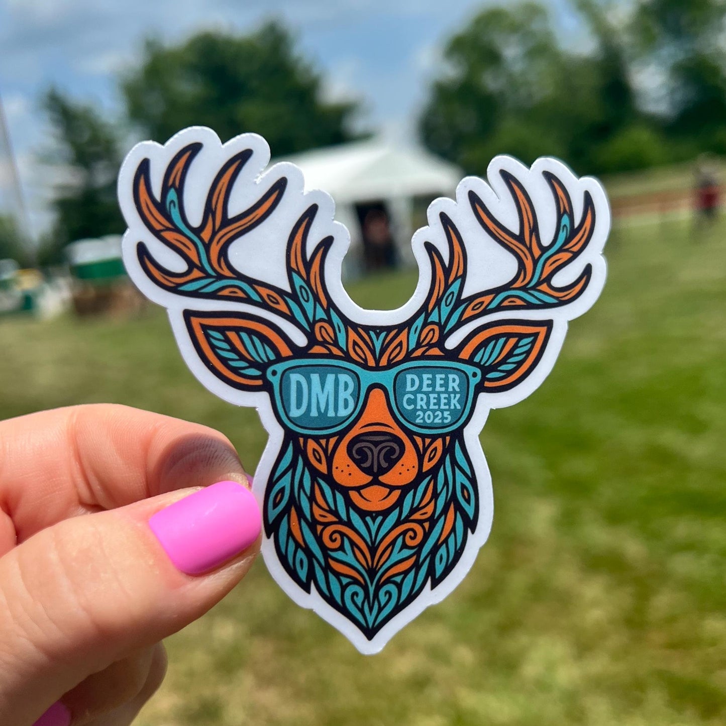 Deer Creek Noblesville Indiana 2025 Deer Wearing DMB Sunglasses Teal Brown Black Vinyl Sticker 3.2" x 3.1" Matte Finish