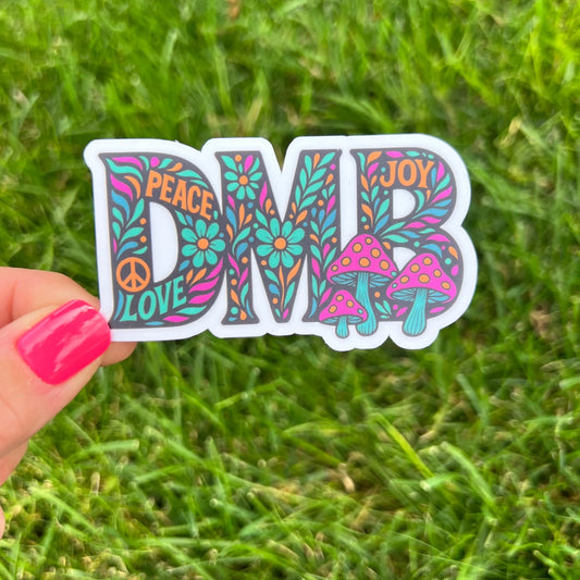 DMB Purple Teal Gold Black Peace Joy Love Flowers Mushrooms Vinyl Sticker Slap 1.8" x 3.2" Matte