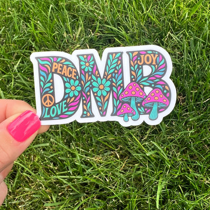 DMB Purple Teal Gold Black Peace Joy Love Flowers Mushrooms Vinyl Sticker Slap 1.8" x 3.2" Matte