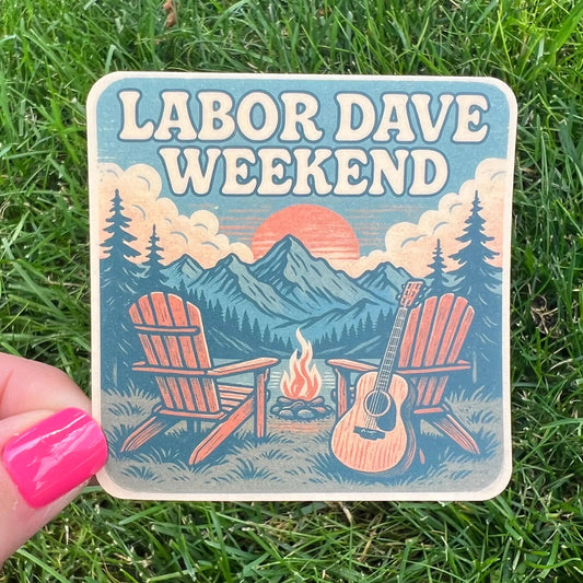 Labor Dave Weekend Gorge Blue Mountains Yellow Orange Sunset Camp Chairs Guitar Vintage Retro Vinyl Sticker Slap 3" x 3" Matte Finish