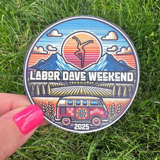 Labor Dave Weekend the Gorge 2025 Hippie Van Camper Blue Mountains Yellow Orange Red Sunset Vinyl Sticker Slap 3" x 3" Matte Finish
