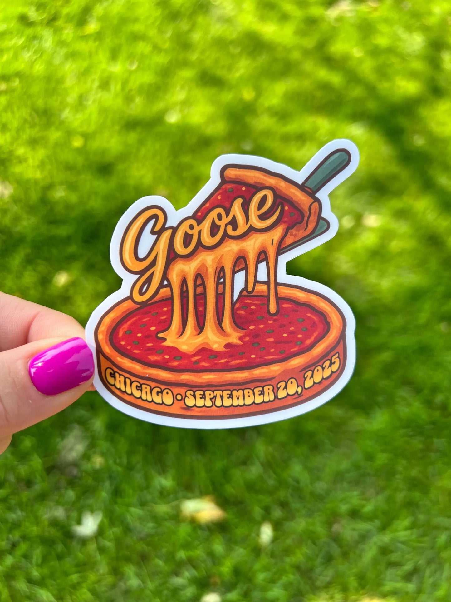Goose Chicago Style Pizza Cheese Pull September 20, 2025 Northerly Island Vinyl Sticker Slap 3" x 3" Matte Finish