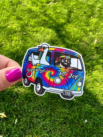 Mt. Joy Goose Tie Dye Hippie Astrovan Hitchhiking Goose Sunglasses Jesus Bandana Wisconsin Vinyl Sticker Slap 2.65" x 2.2" Matte Finish