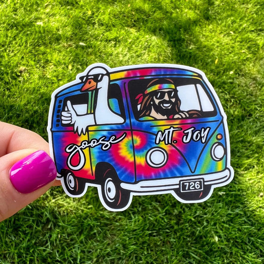 Mt. Joy Goose Tie Dye Hippie Astrovan Hitchhiking Goose Sunglasses Jesus Bandana Wisconsin Vinyl Sticker Slap 2.65" x 2.2" Matte Finish