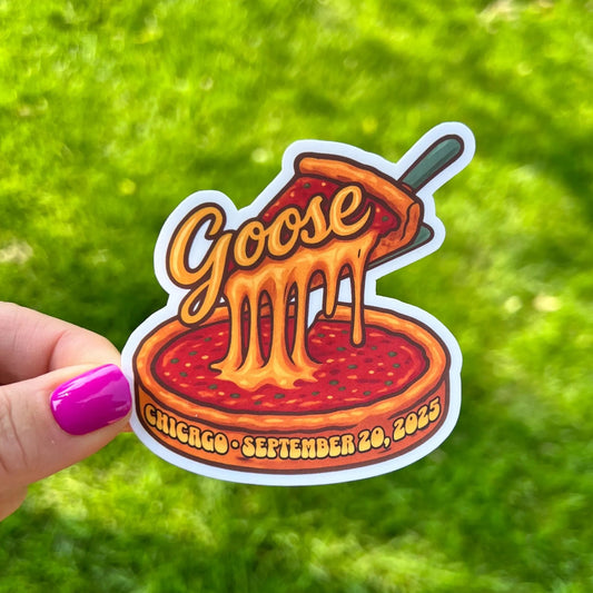 Goose Chicago Style Pizza Cheese Pull September 20, 2025 Northerly Island Vinyl Sticker Slap 3" x 3" Matte Finish