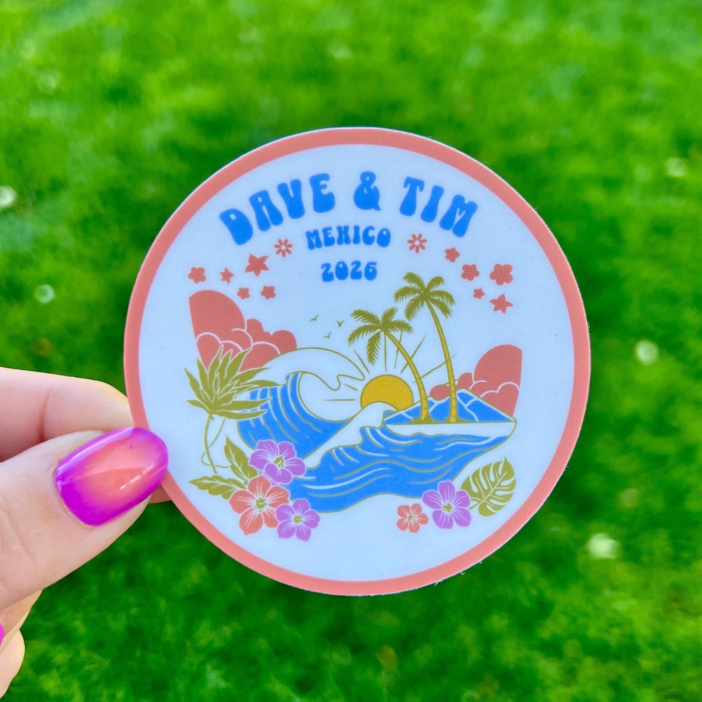 Dave Matthews Tim Reynolds Mexico 2026 Coral Blue Cream Retro Beach Waves Palm Trees Sun Hibiscus Vinyl Sticker Slap 3" x 3" Matte Finish