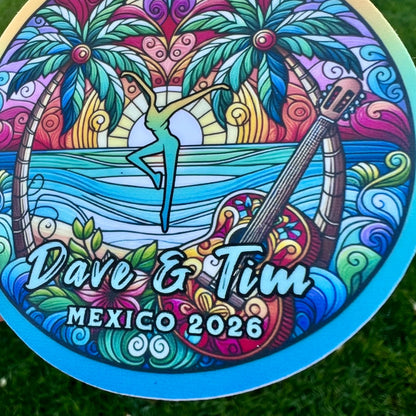 Dave & Tim Mexico 2026 Stained Glass Palm Trees Sunset Ocean Waves Yellow Teal Pink Blue Vinyl Sticker Slap 3" x 3" Matte Finish