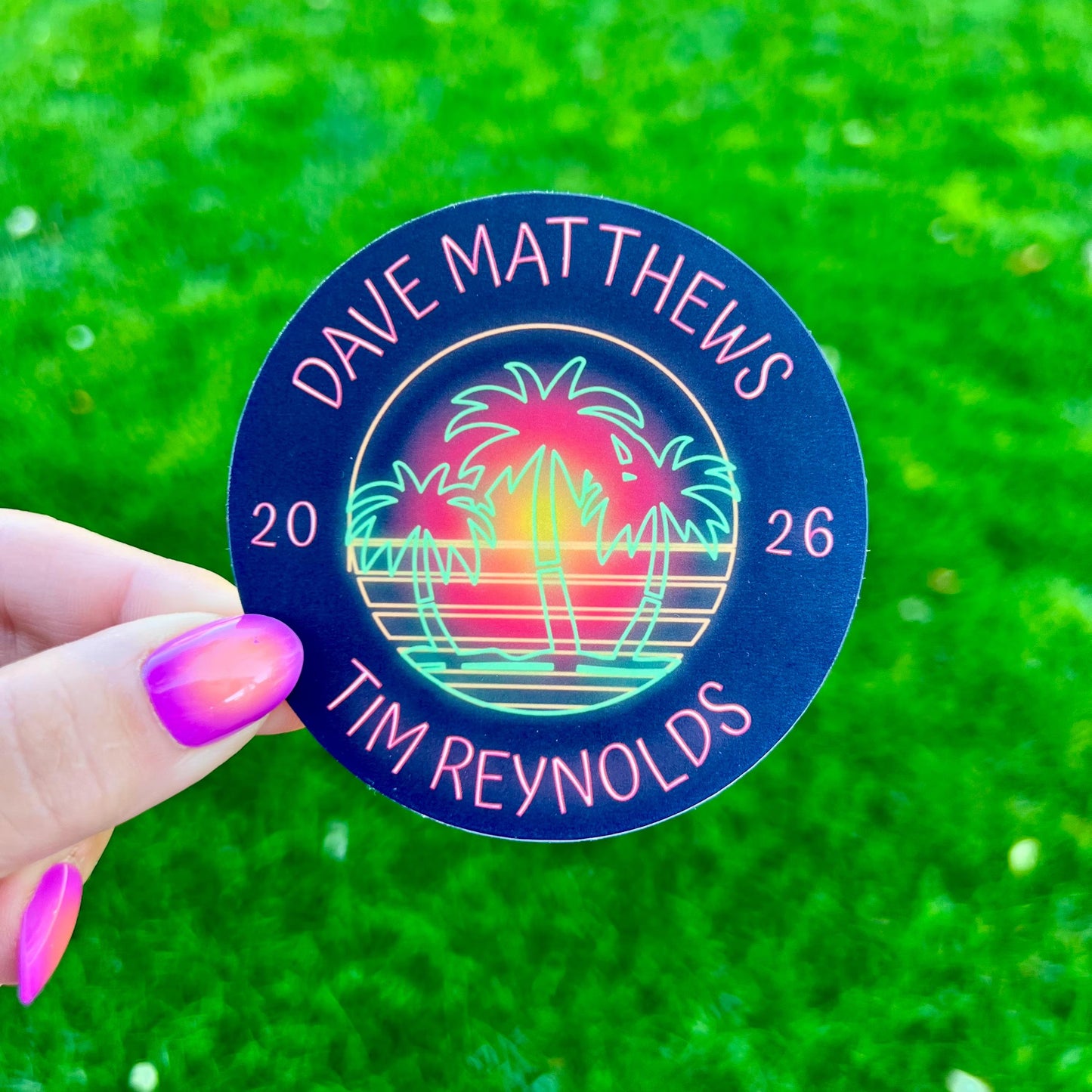 Dave Matthews Tim Reynolds Mexico 2026 Black Red Green Neon Palm Trees Red Yellow Sunset Vinyl Sticker Slap 3" x 3" Matte Finish