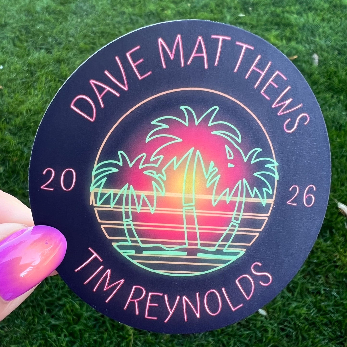 Dave Matthews Tim Reynolds Mexico 2026 Black Red Green Neon Palm Trees Red Yellow Sunset Vinyl Sticker Slap 3" x 3" Matte Finish