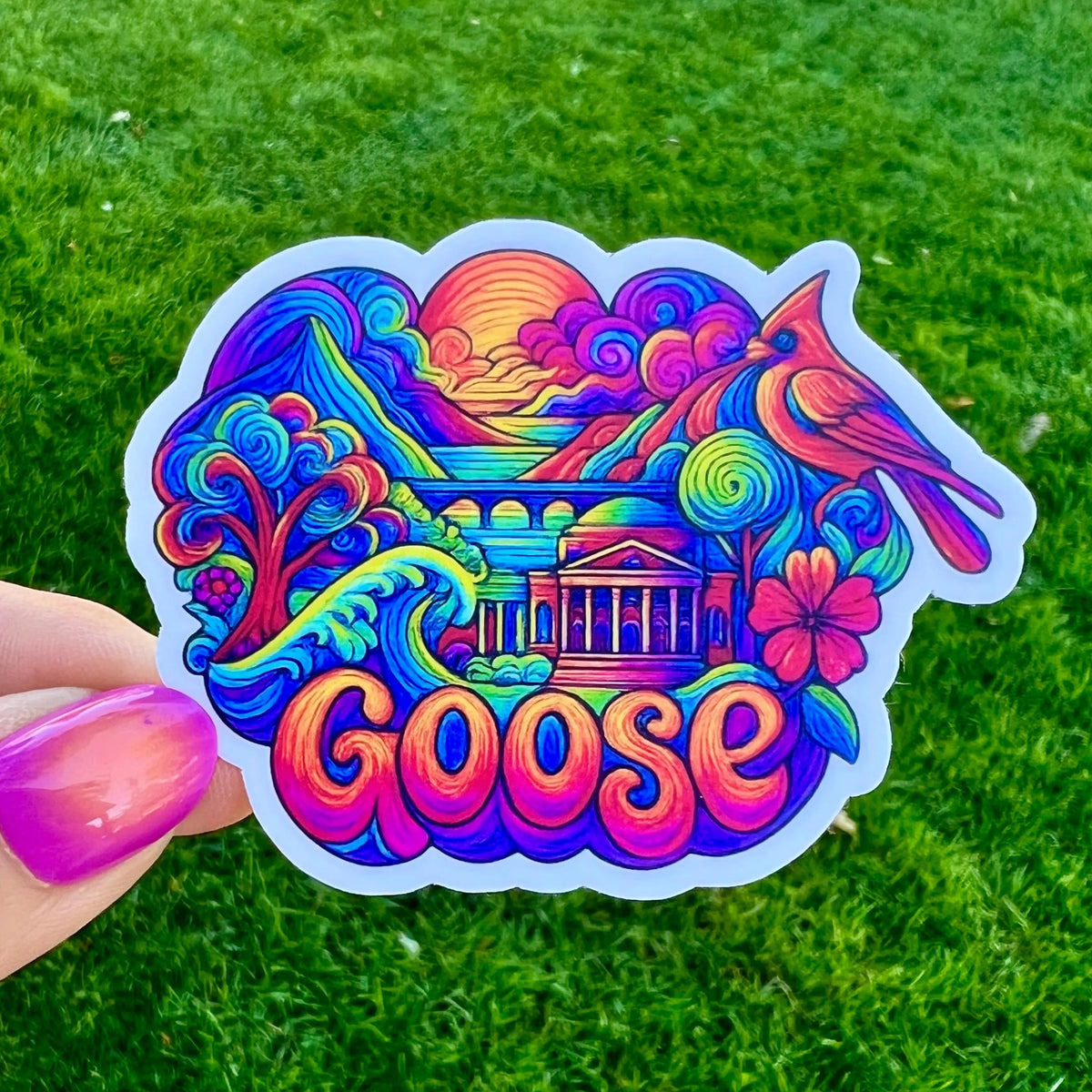 Goose Richmond Virginia Psychedelic Mountains Ocean Waves Red Bird Cardinal Hibiscus Vinyl Sticker Slap 2.2" x 2.9" Matte Finish