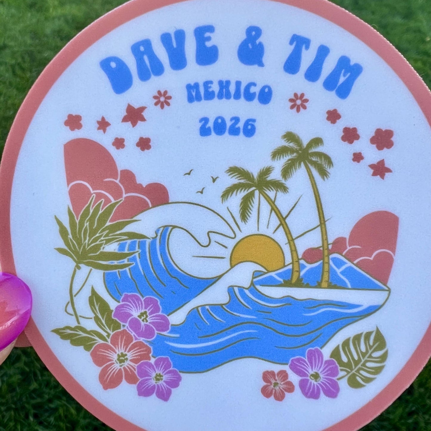 Dave Matthews Tim Reynolds Mexico 2026 Coral Blue Cream Retro Beach Waves Palm Trees Sun Hibiscus Vinyl Sticker Slap 3" x 3" Matte Finish