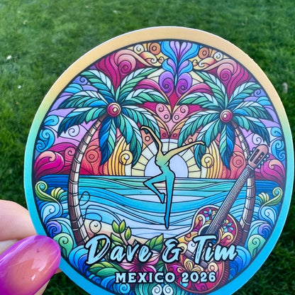 Dave & Tim Mexico 2026 Stained Glass Palm Trees Sunset Ocean Waves Yellow Teal Pink Blue Vinyl Sticker Slap 3" x 3" Matte Finish