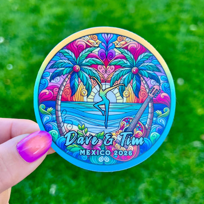 Dave & Tim Mexico 2026 Stained Glass Palm Trees Sunset Ocean Waves Yellow Teal Pink Blue Vinyl Sticker Slap 3" x 3" Matte Finish
