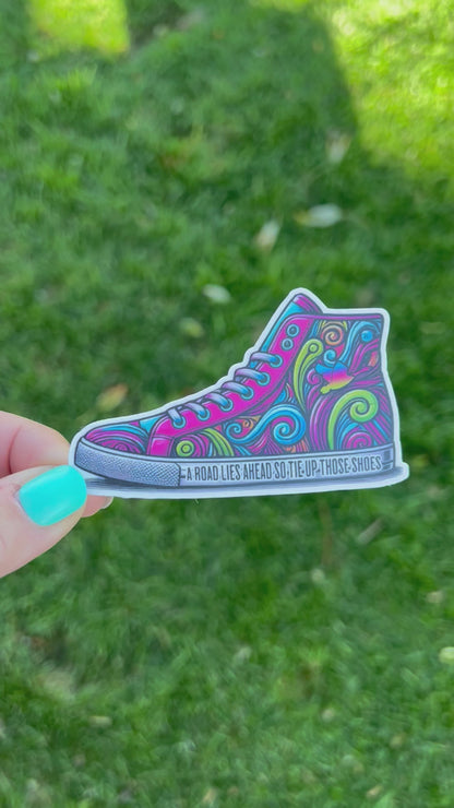 Goose Tumble A Road Lies Ahead So Tie Up Those Shoes Purple Pink Blue Green Vinyl Sticker Slap 2" x 3.3" Matte Finish