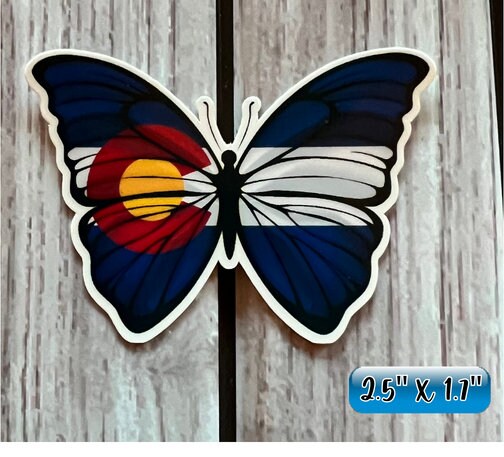 Colorado Flag Butterfly | Red Blue Yellow Black | Vinyl Sticker | Glossy | 2.5" x 1.7"