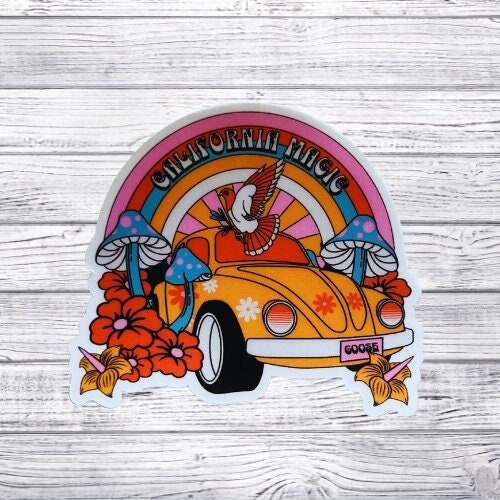 Goose California Magic VW Bug Mushrooms Rainbow Flowers Retro Vinyl Sticker Slap Matte Finish 2.2" x 2.5"