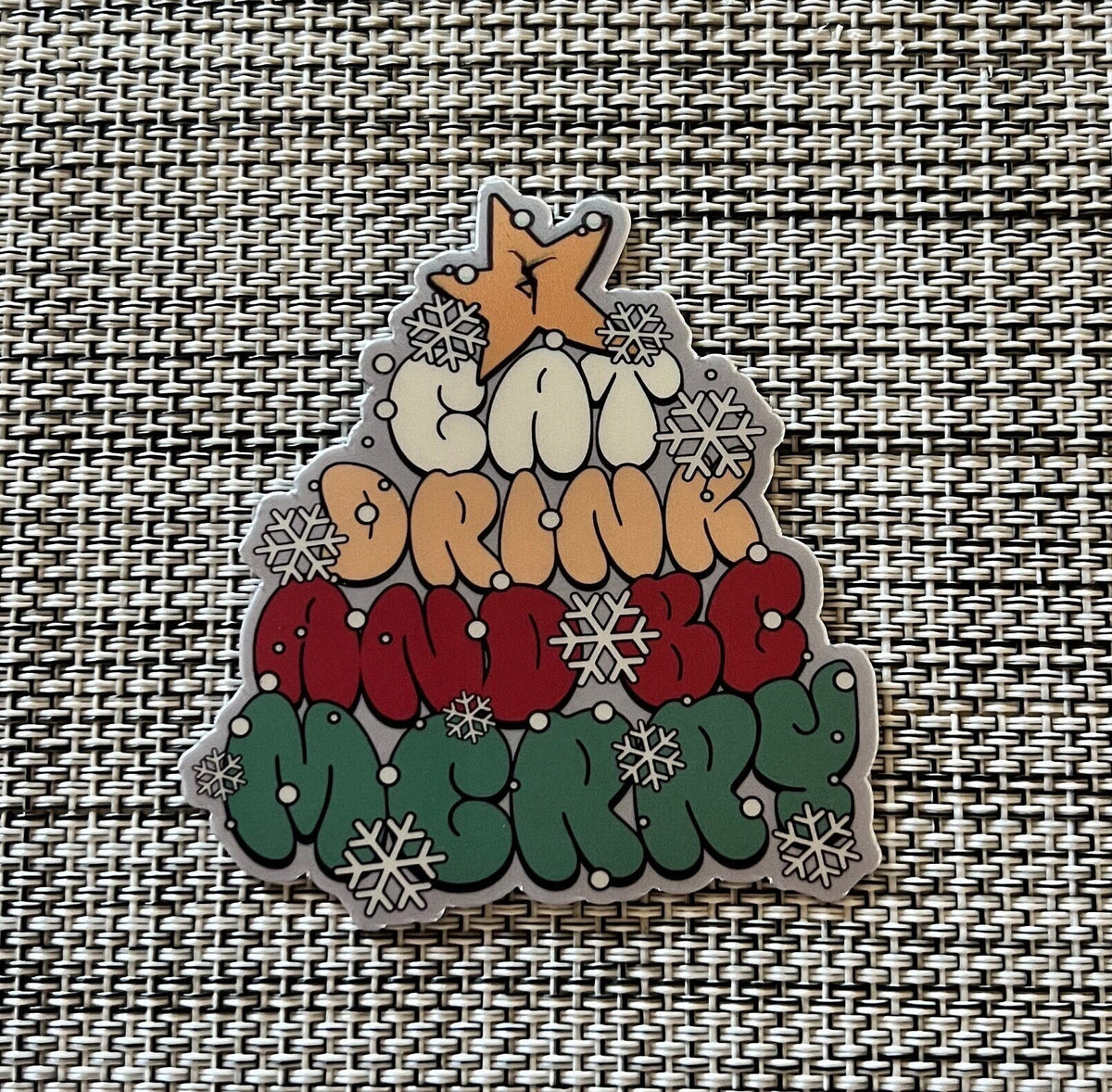 Eat Drink And Be Merry Yellow Red Green DMB Christmas Tree White Gray Snowflakes Vinyl Sticker Slap 3" x 2.75" Matte Finish
