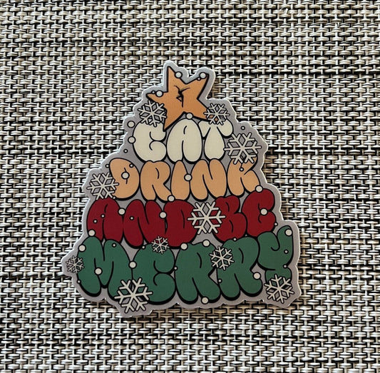 Eat Drink And Be Merry Yellow Red Green DMB Christmas Tree White Gray Snowflakes Vinyl Sticker Slap 3" x 2.75" Matte Finish