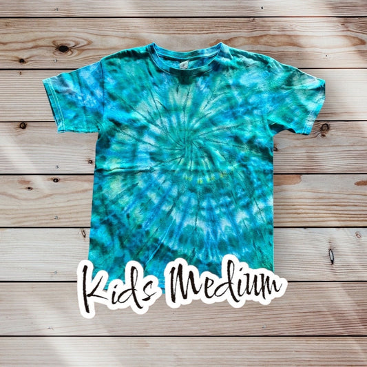 Mile High Dad Green Blue Spiral Ice Dye Tie Dye | Short Sleeve Shirt | 100% Cotton | KIDS Size MEDIUM 10-12