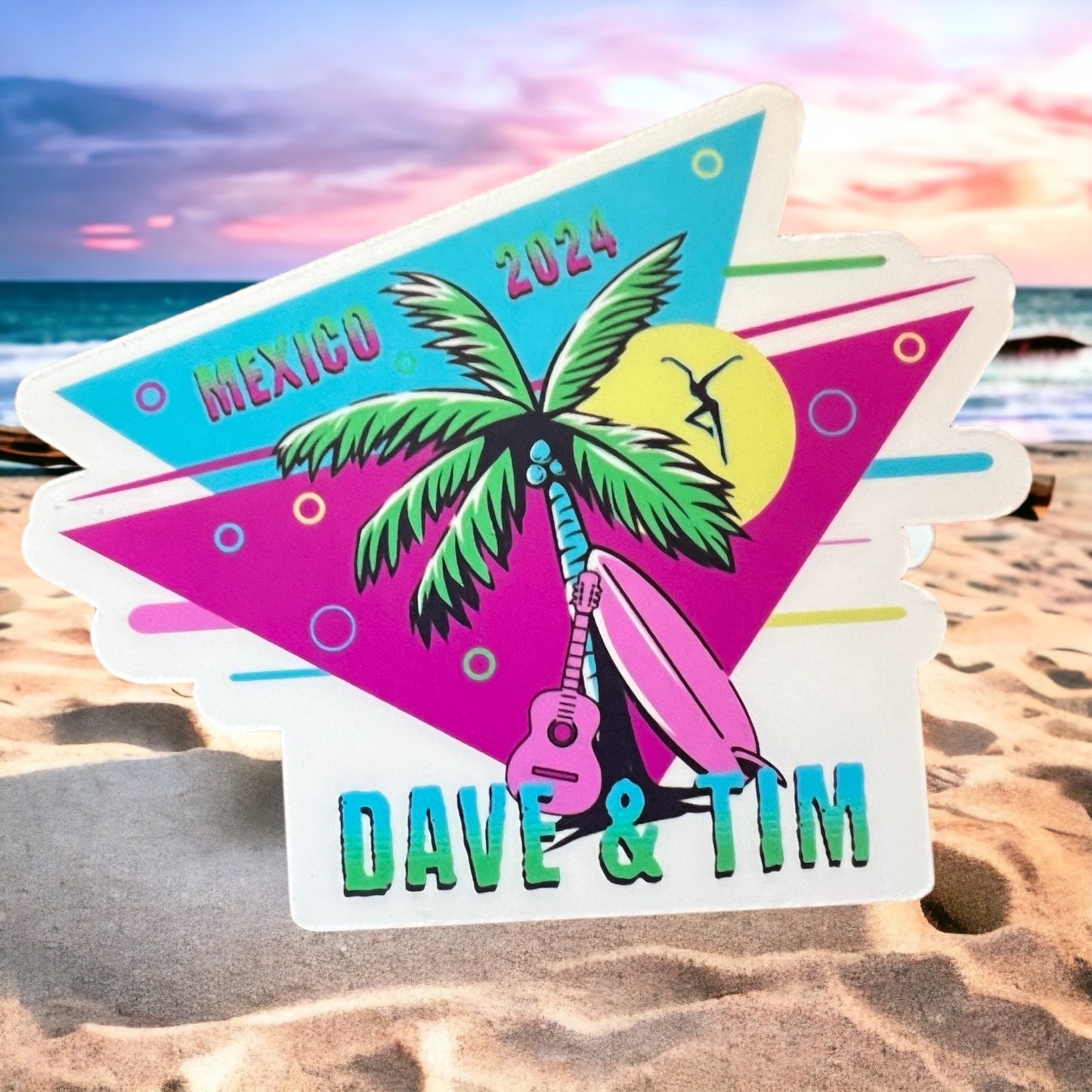 Dave & Tim Mexico 2024 Palm Tree Blue Purple 80s Vibe Sticker Slap 2.6" x 3.25" Matte Finish