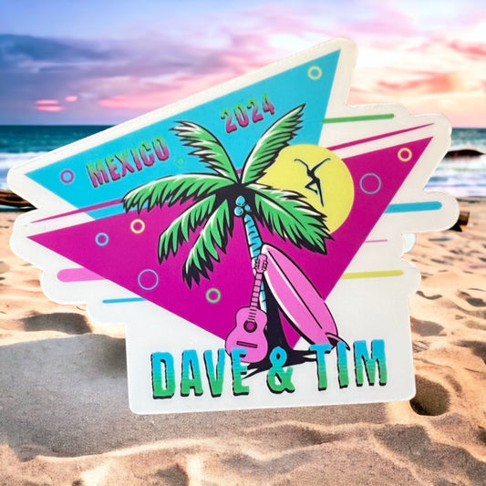 Dave & Tim Mexico 2024 Palm Tree Blue Purple 80s Vibe Sticker Slap 2.6" x 3.25" Matte Finish