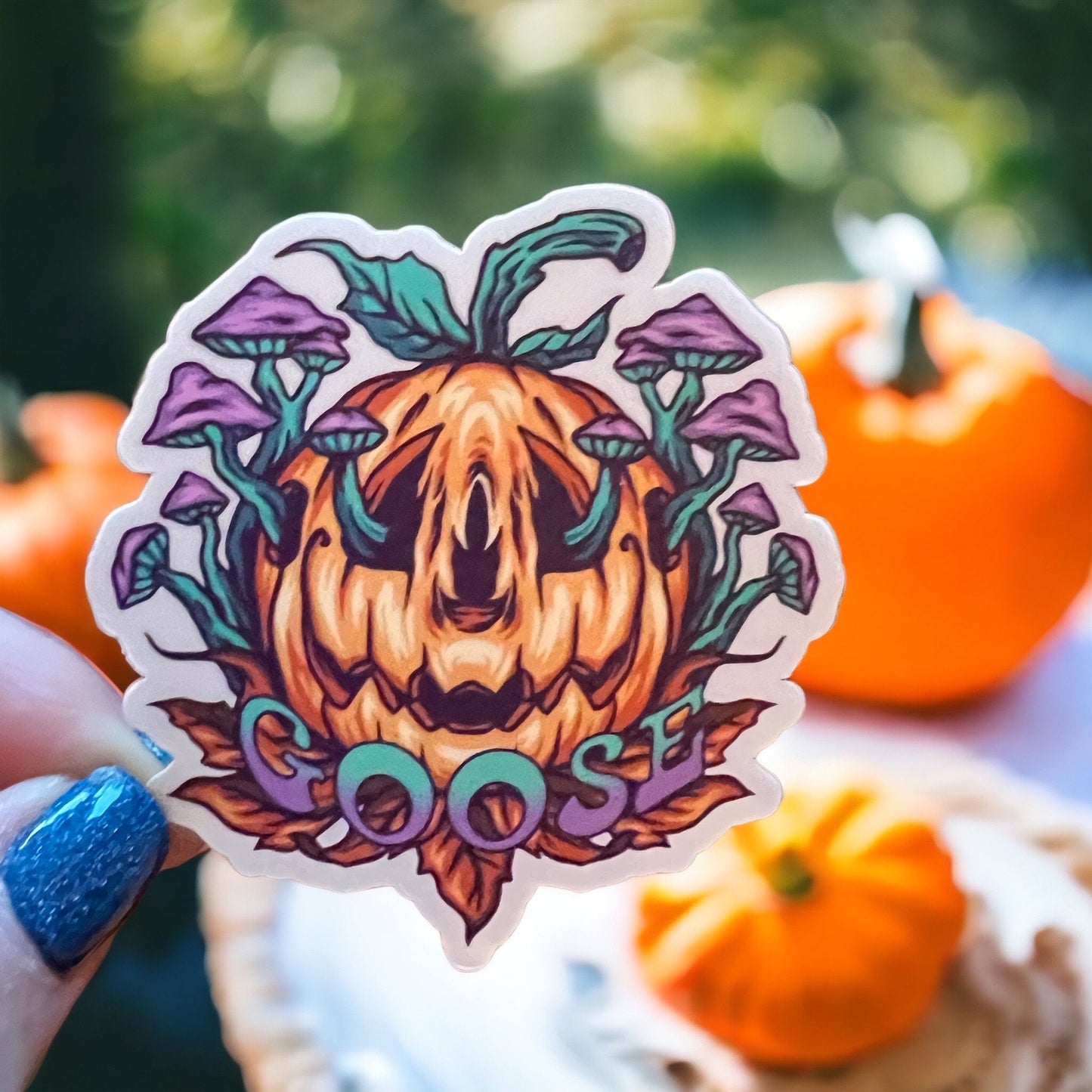 Goose Psychedelic Mushroom Pumpkin Jack-o-lantern Halloween Vinyl Sticker Slap Matte Finish 3" x 2.8"