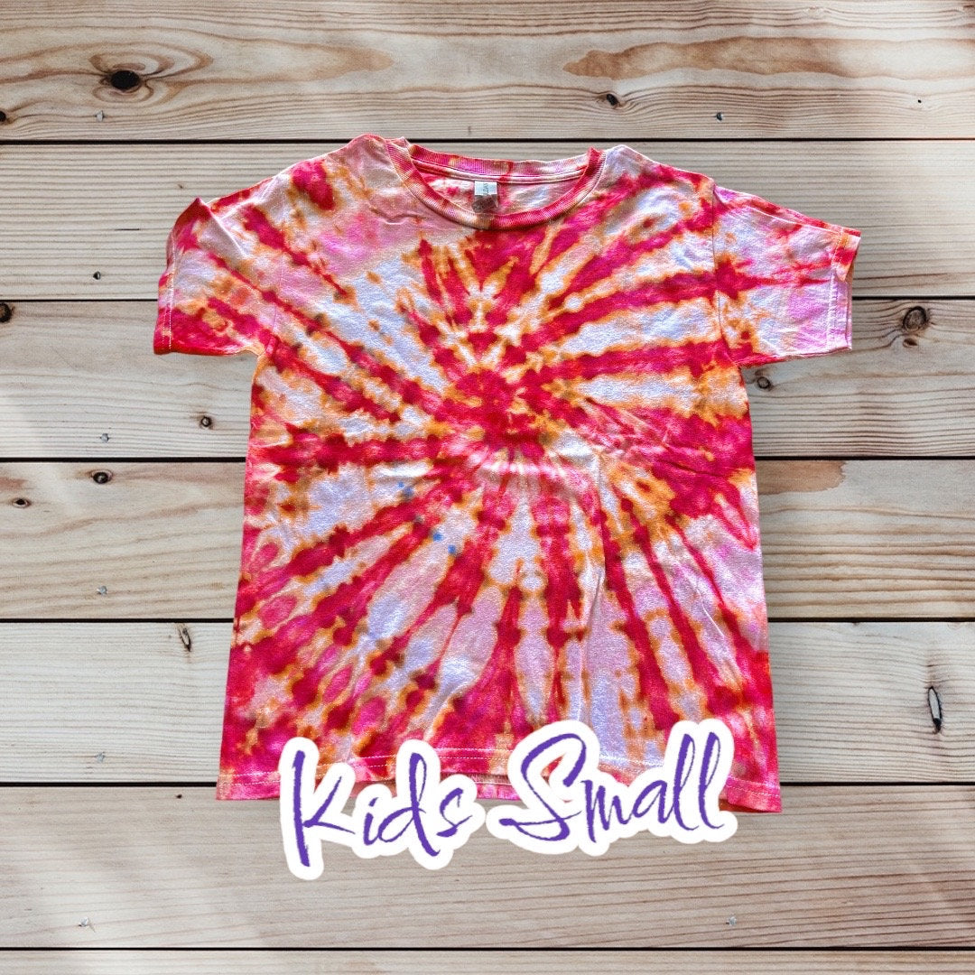 Mile High Dad Red Dark Pink Orange White Spiral Ice Dye Tie Dye | Short Sleeve Shirt | 100% Cotton | KIDS Size SMALL 6-8