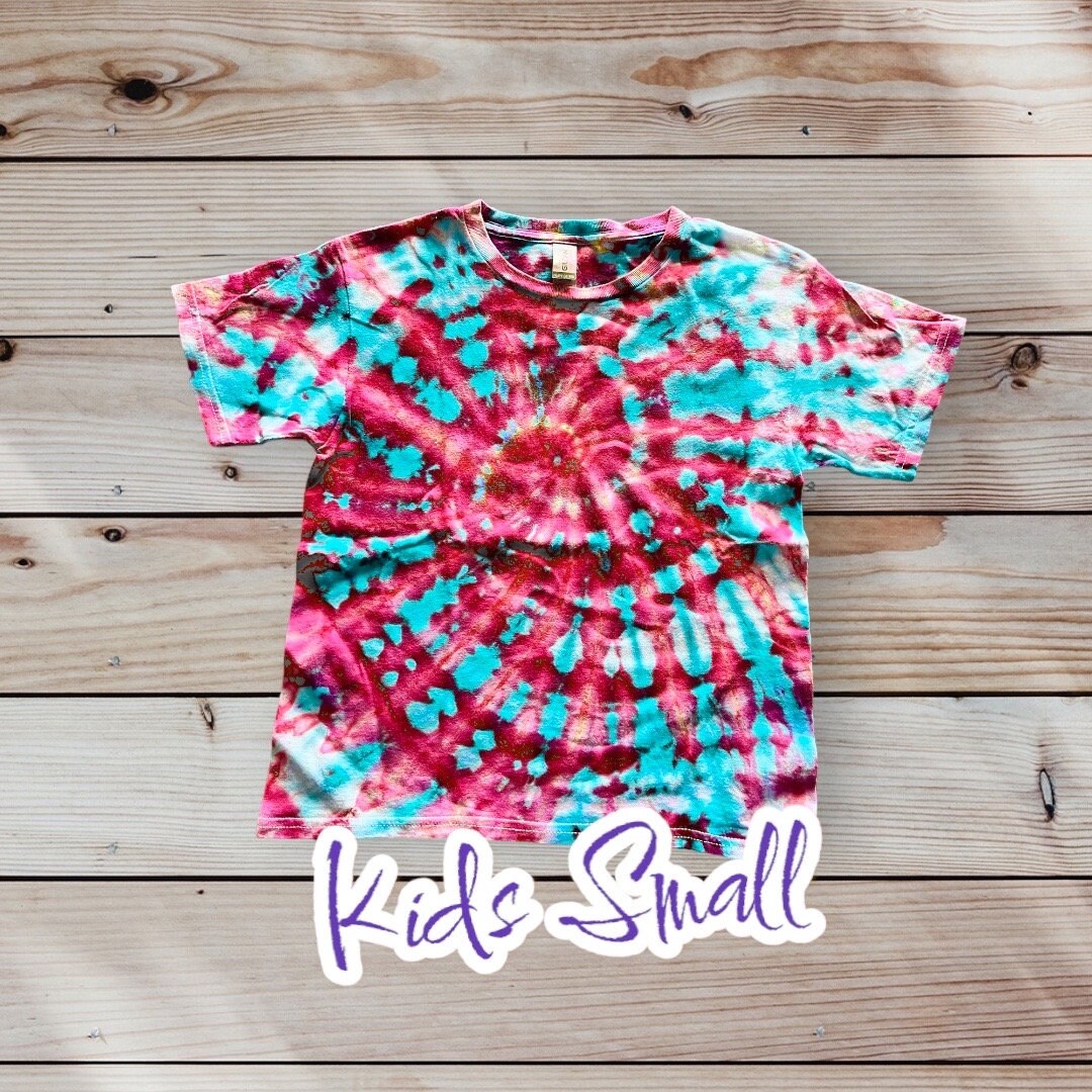 Mile High Dad Pink Purple Teal Ble Spiral Ice Dye Tie Dye | Short Sleeve Shirt | 100% Cotton | KIDS Size SMALL 6-8