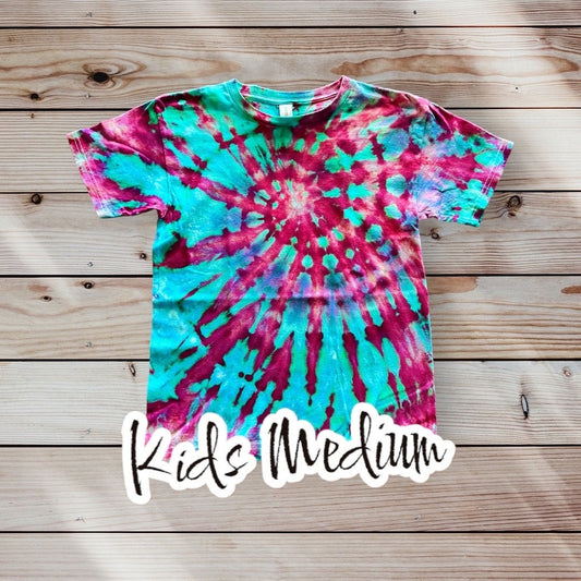 Mile High Dad Pink Purple Teal Blue Spiral Ice Dye Tie Dye | Short Sleeve Shirt | 100% Cotton | KIDS Size MEDIUM 10-12