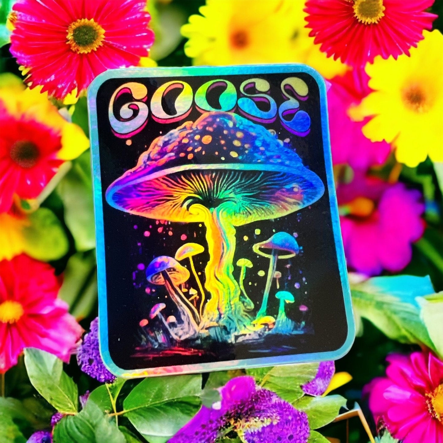 Goose Psychedelic Mushroom Retro Vinyl Sticker Slap Glossy Holographic 2.75" x 2.25"