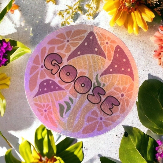 Goose Pink Purple Flowers Retro Mushrooms Glossy Holographic Sticker Slap 2.5" x 2.5"