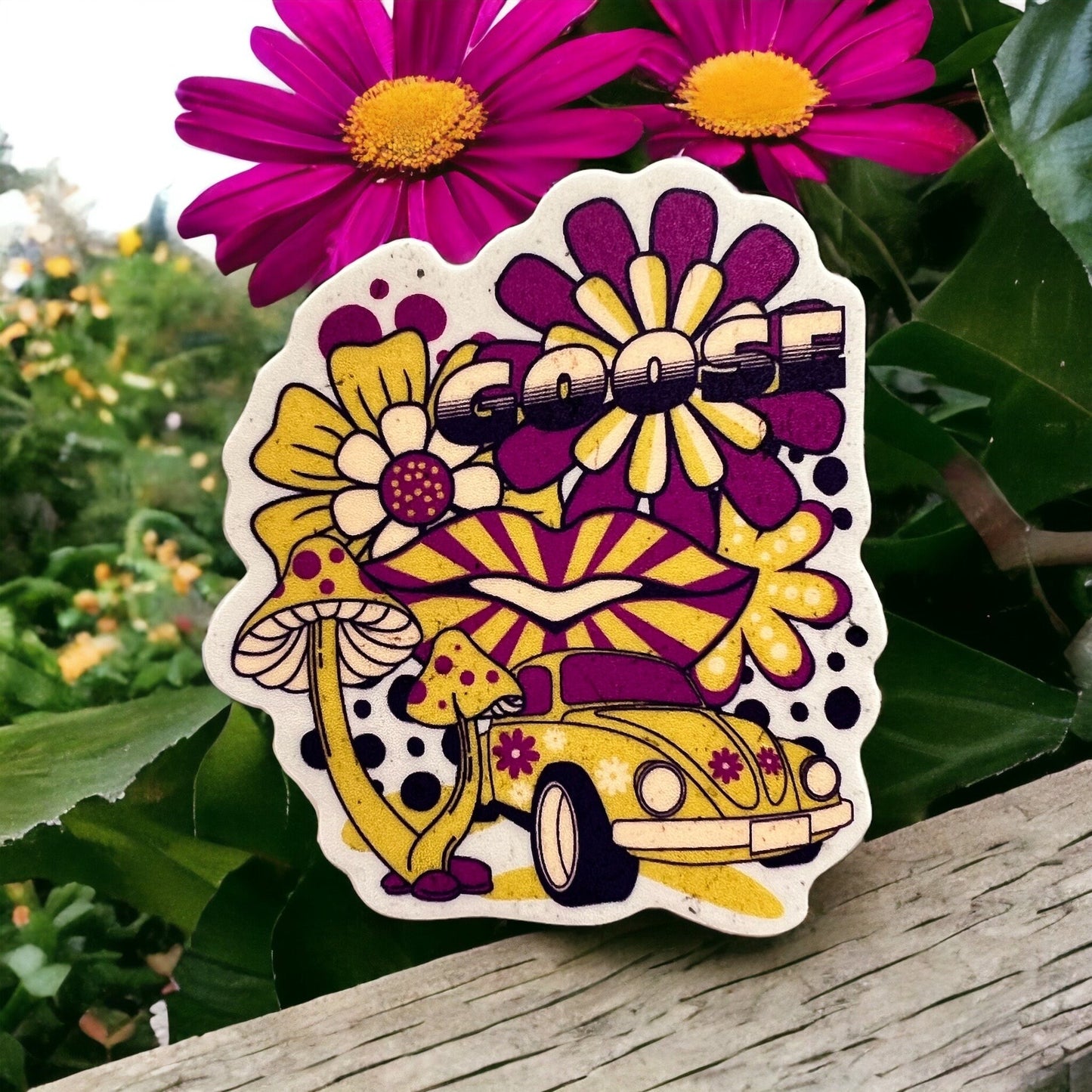 Goose Purple Yellow Mushrooms Flowers VW Bug Lips Retro Hippie Sticker Slap Matte Finish 2.5" x 2.25"