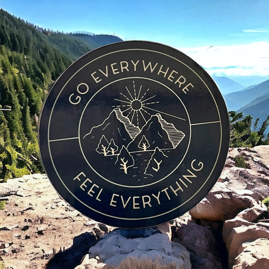 Goose Go Everywhere Feel Everything Western Sun Yellow Orange Sun Black Beige Mountains Vinyl Sticker Slap 2.5" x 2.5" Glossy Finish