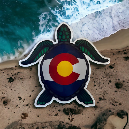 Colorado Flag Green Sea Turtle | Red Blue Yellow Green | Vinyl Sticker | Glossy | 3.0" x 3.2"