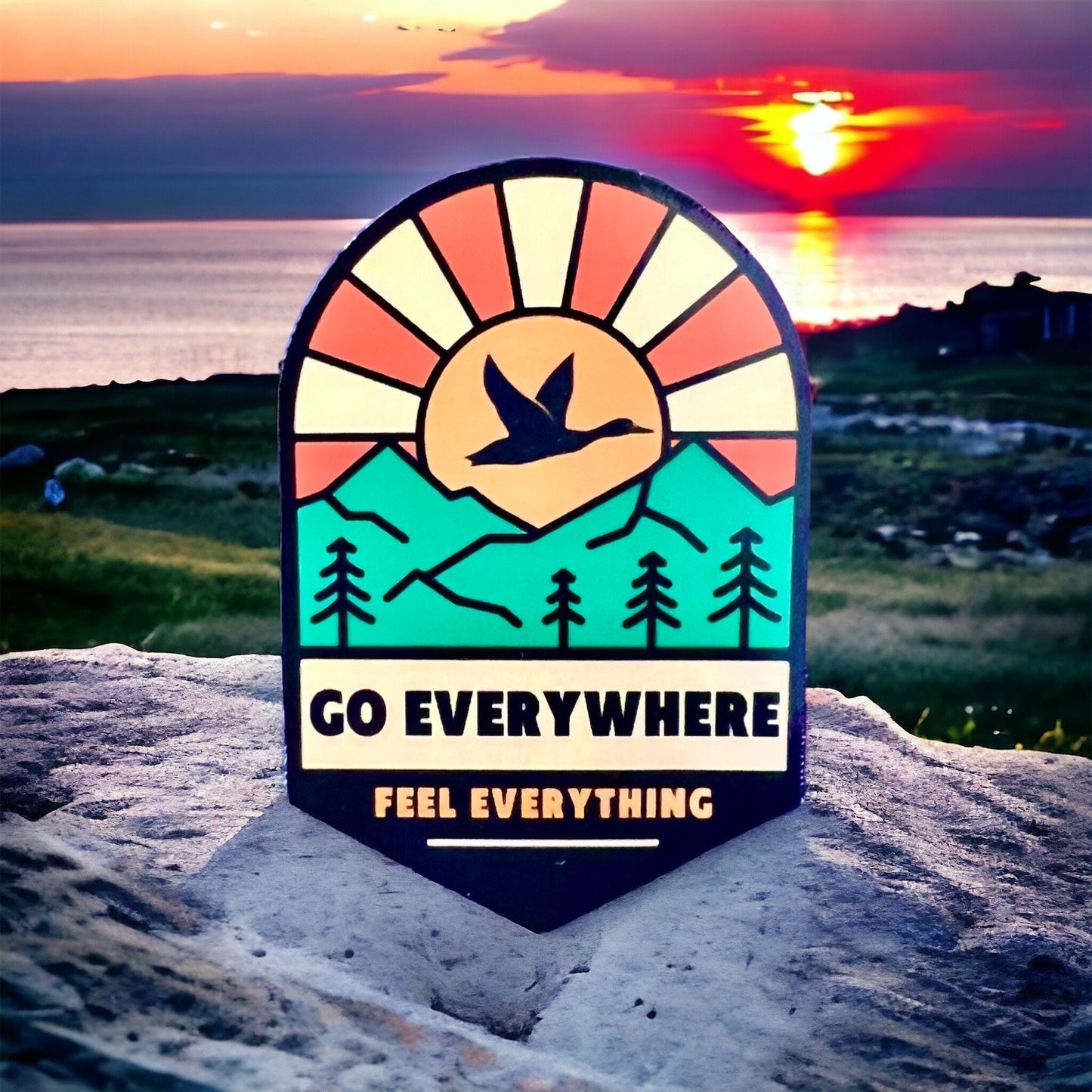 Goose Go Everywhere Feel Everything Western Sun Yellow Orange Sun Mountains Sticker Slap 3.0" x 2.0" Glossy Finish