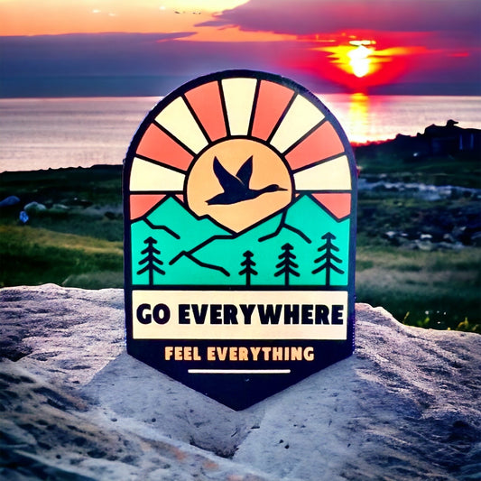 Goose Go Everywhere Feel Everything Western Sun Yellow Orange Sun Mountains Sticker Slap 3.0" x 2.0" Glossy Finish