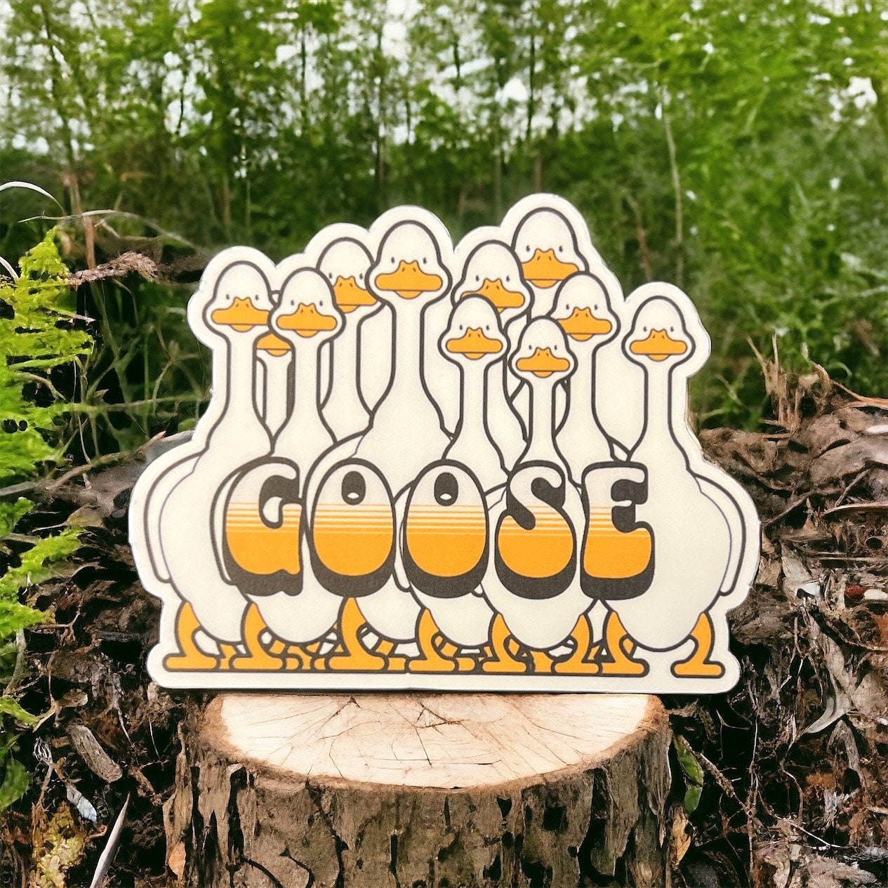 Goose Flock Yellow Retro Lettering Vinyl Sticker Slap Laptop Tumbler Cup Matte Finish 2.4" x 3.0"